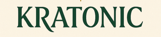 Logo der Marke Kratonic: stilisiertes, goldenes Blatt über grünem Schriftzug 'KRATONIC' auf cremefarbenem Hintergrund.