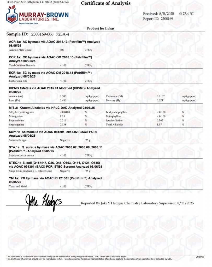 Certificate of Analysis für Kratom Probe 725A-4 – laborgeprüft auf Qualität und Sicherheit